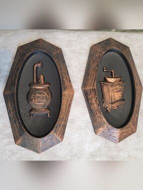 Vintage Set Of 2 Dart Ind Wall Plaques Coffee Grinder Stove Plastic USA 12”